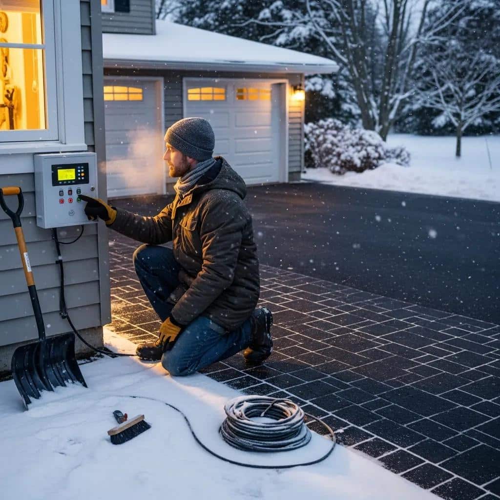 Homeowner maintaining heated driveway in winter, ensuring system efficiency