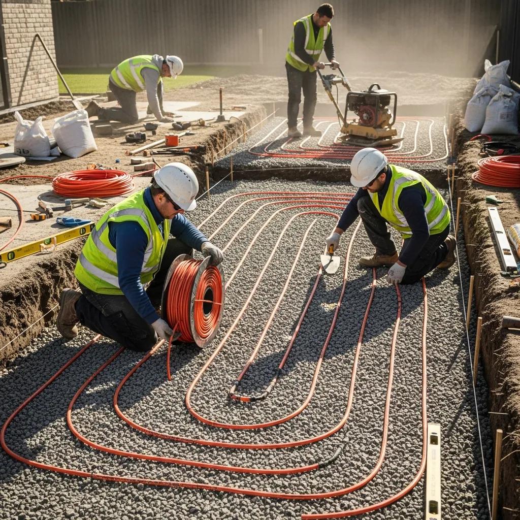 Workers installing electric heating cables in gravel for a heated driveway, showcasing the installation process in a construction site.