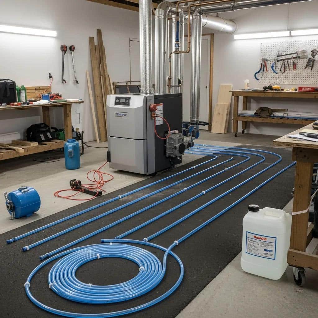 Boiler and PEX tubing &mdash; primary components of a hydronic snowmelt system